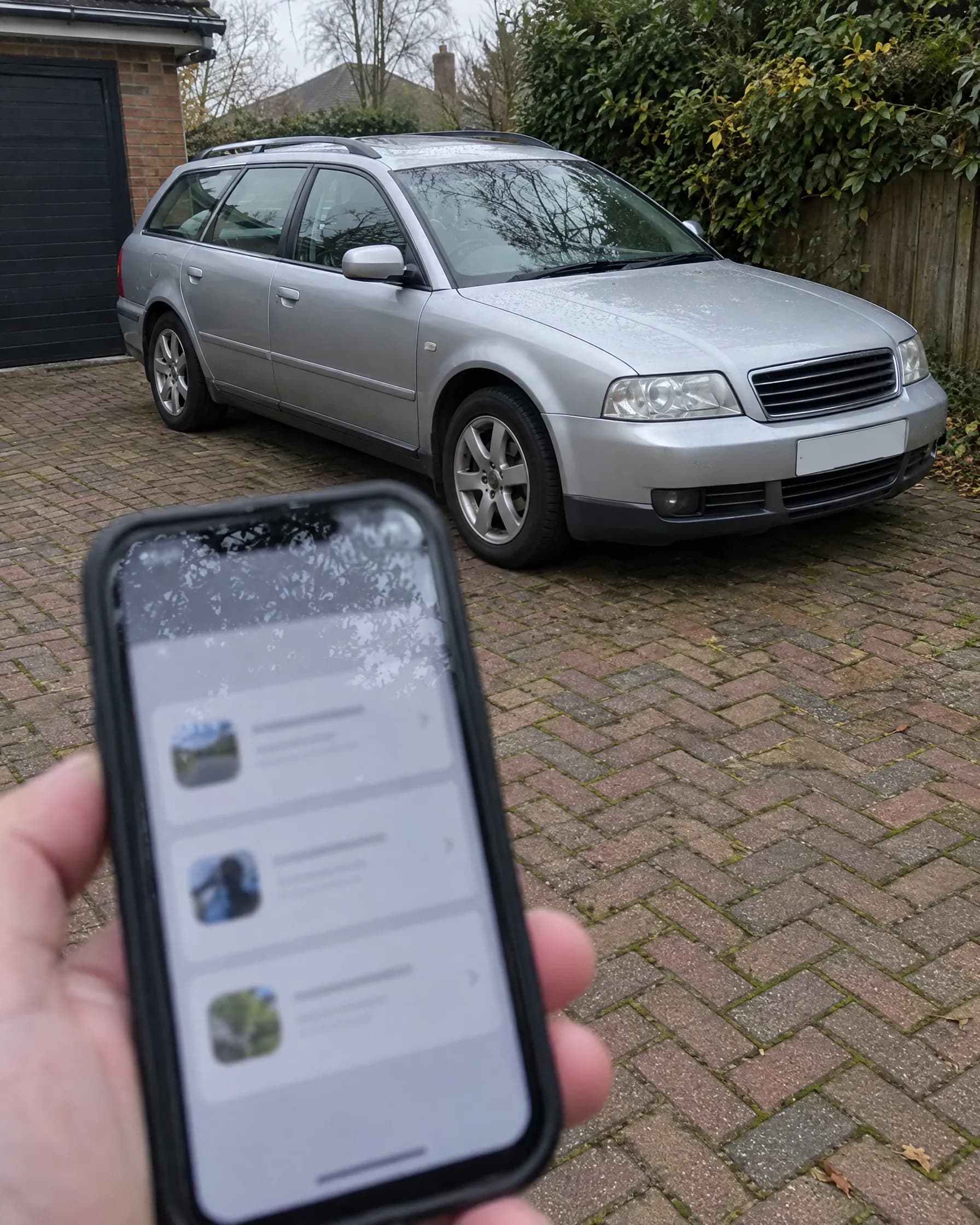 Hand hält ein Handy vor dem eigenen Auto