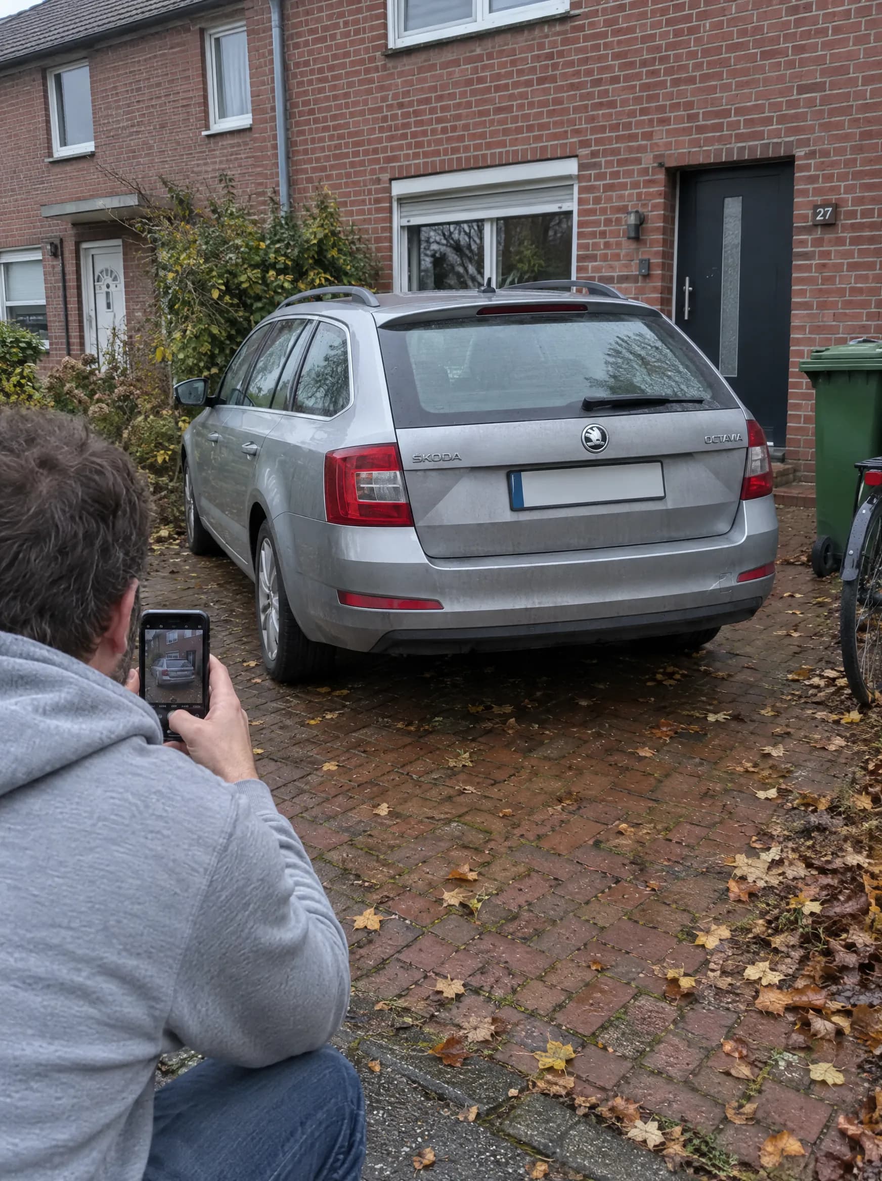 Mann fotografiert seinen Kombi in der Einfahrt