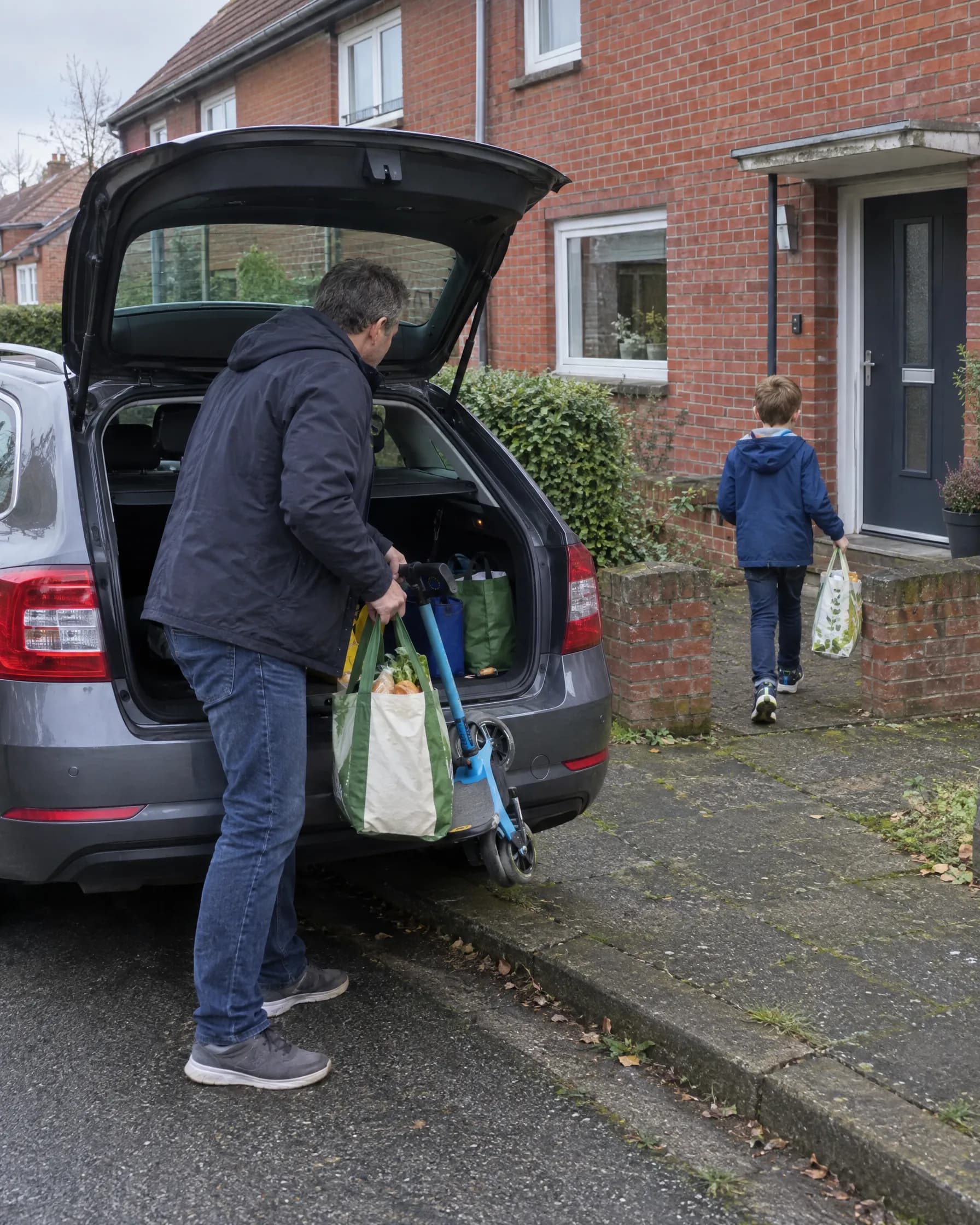 Vater und Sohn laden den Kofferraum ihres Kombis aus