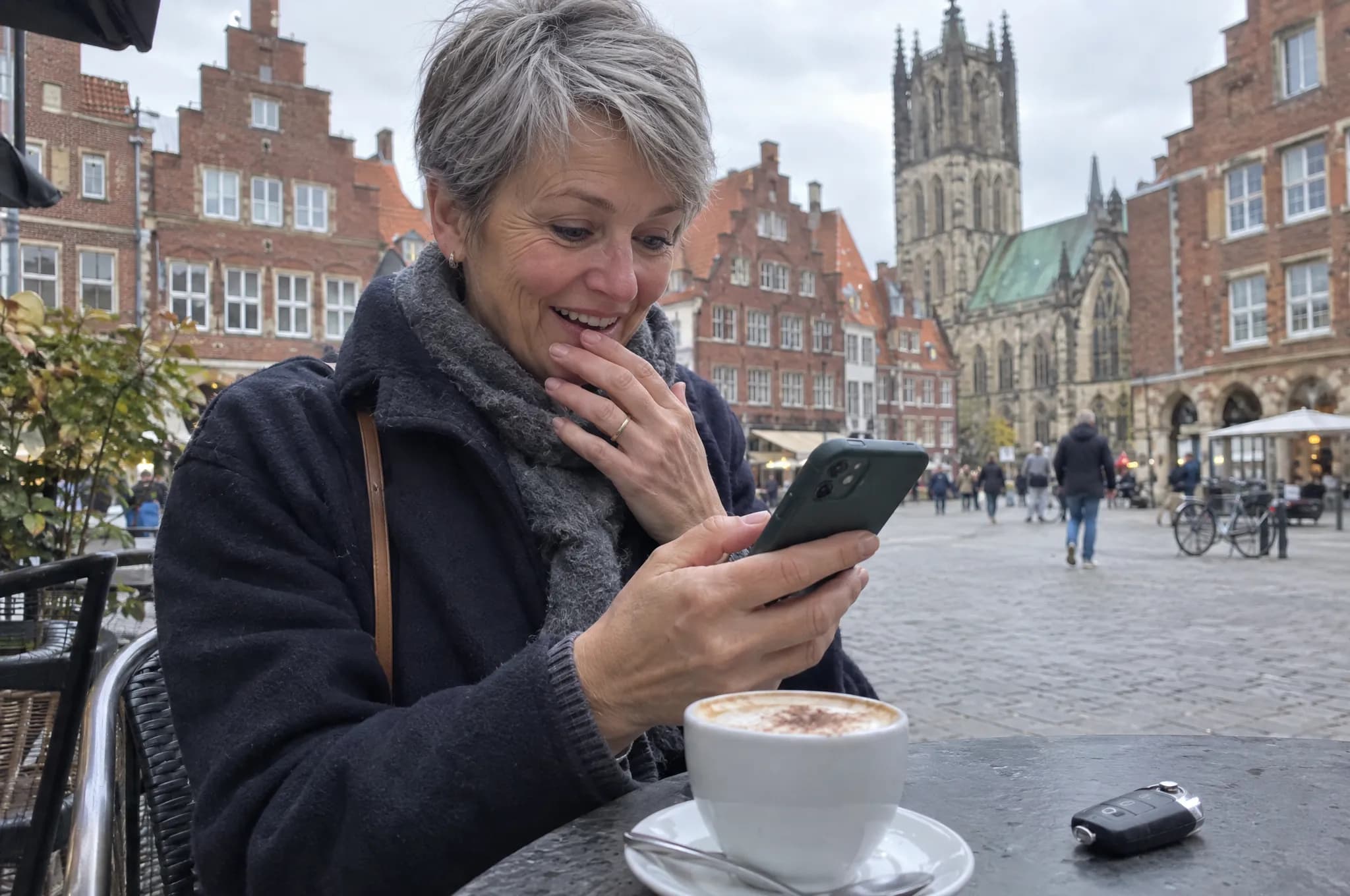 Frau im Café liest eine gute Nachricht auf dem Handy