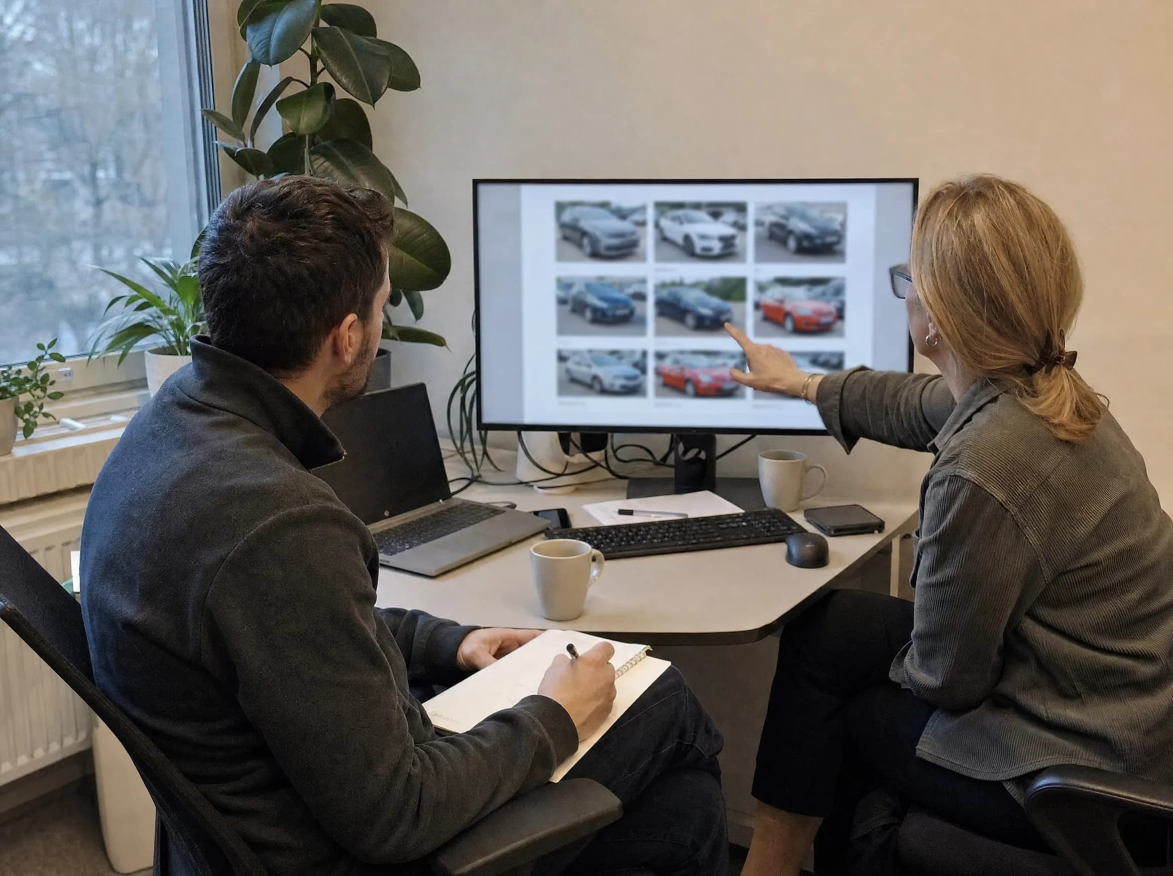 Zwei Mitarbeitende prüfen Fahrzeugfotos