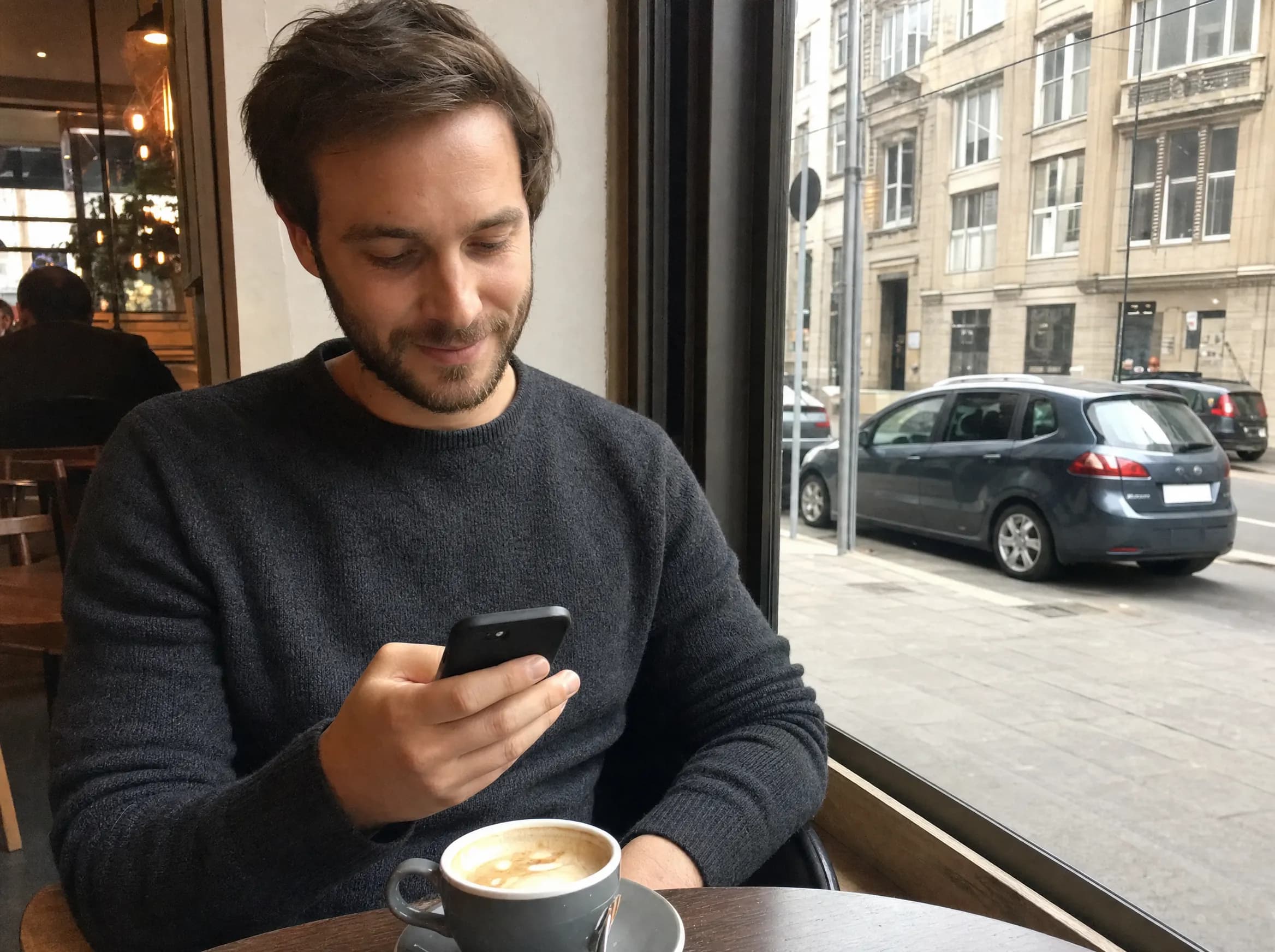 Mann im Café prüft sein Konto auf dem Handy