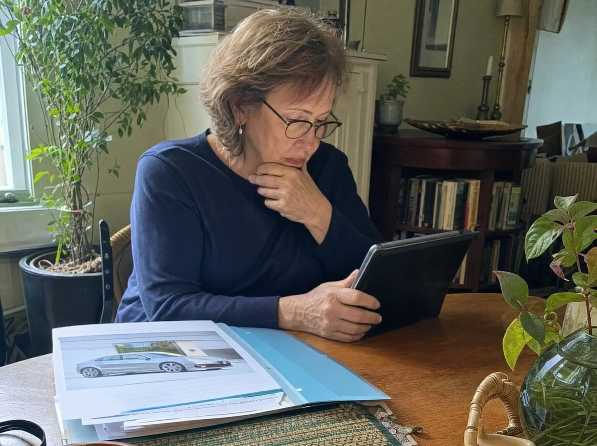 Frau mit Brille liest nachdenklich auf dem Tablet